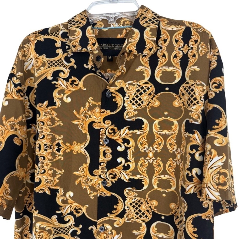 Baroque Gold Shirt Men's M Famous Italian Designer Style Short Sleeve 80's Mob - Picture 2 of 7